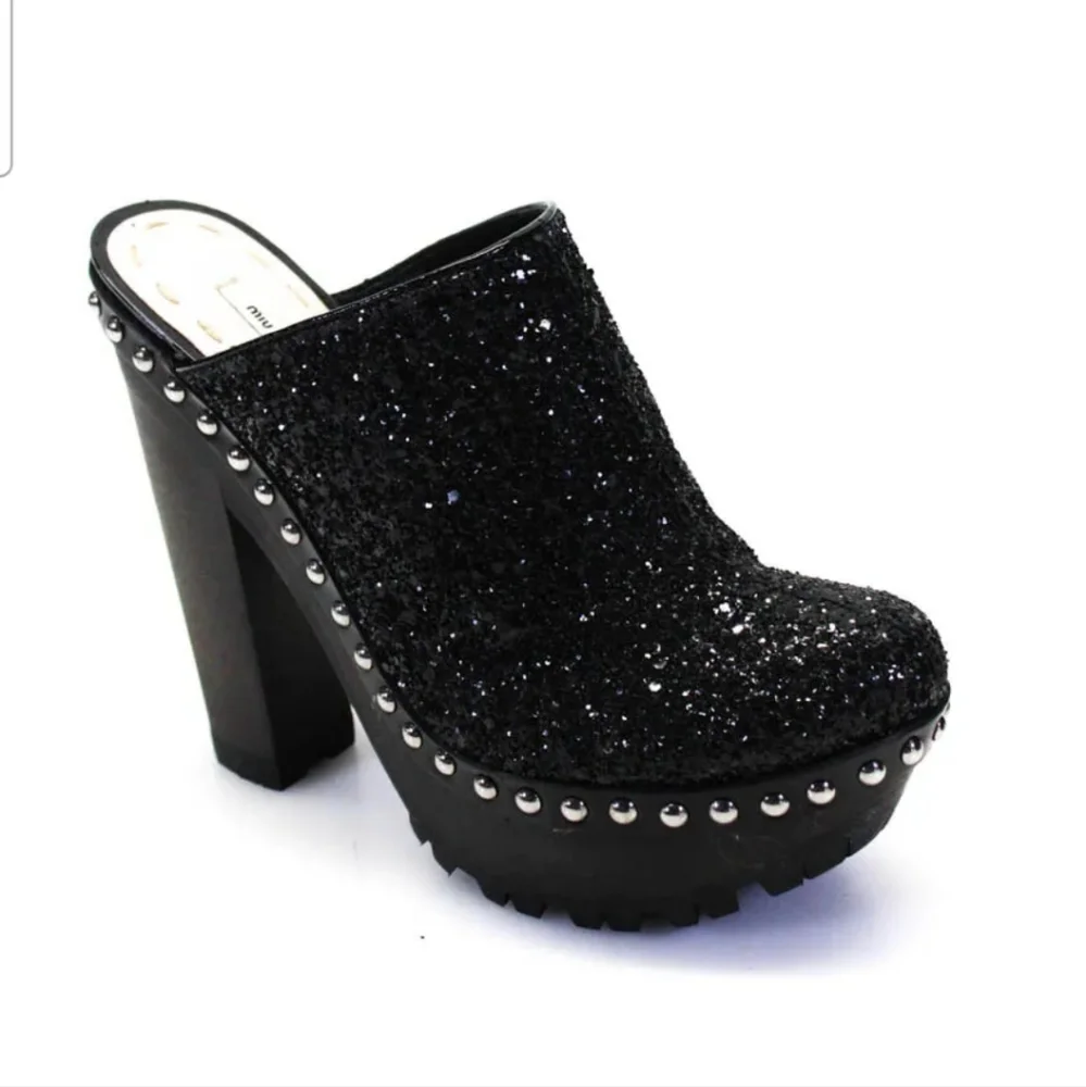 Miu Miu Womens Backless Leather Glitter Booties Black Size 8 NEW